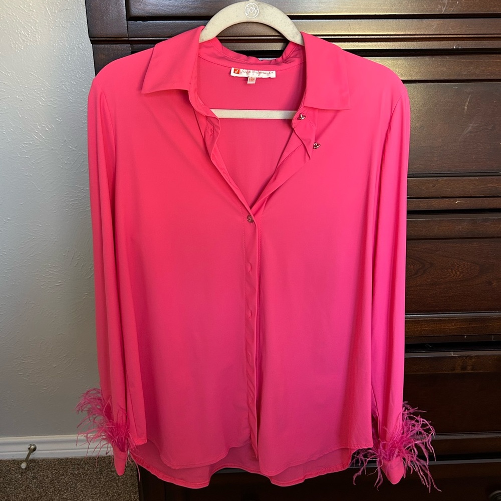 Jude Connally Vibrant Pink Blouse with Feather Detailed Sleeves